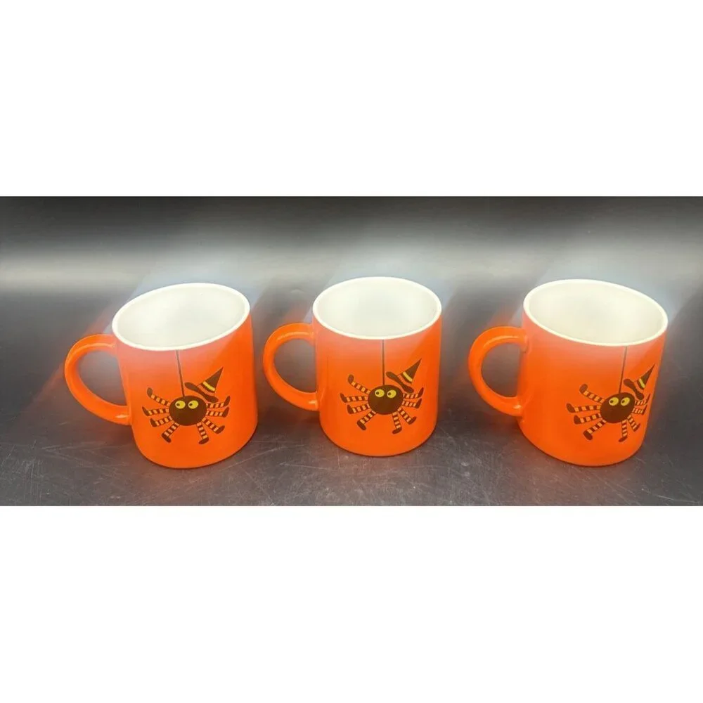 Crate & Barrel Orange Black Spider Ceramic Halloween Mugs 6oz Set‎ Of 6